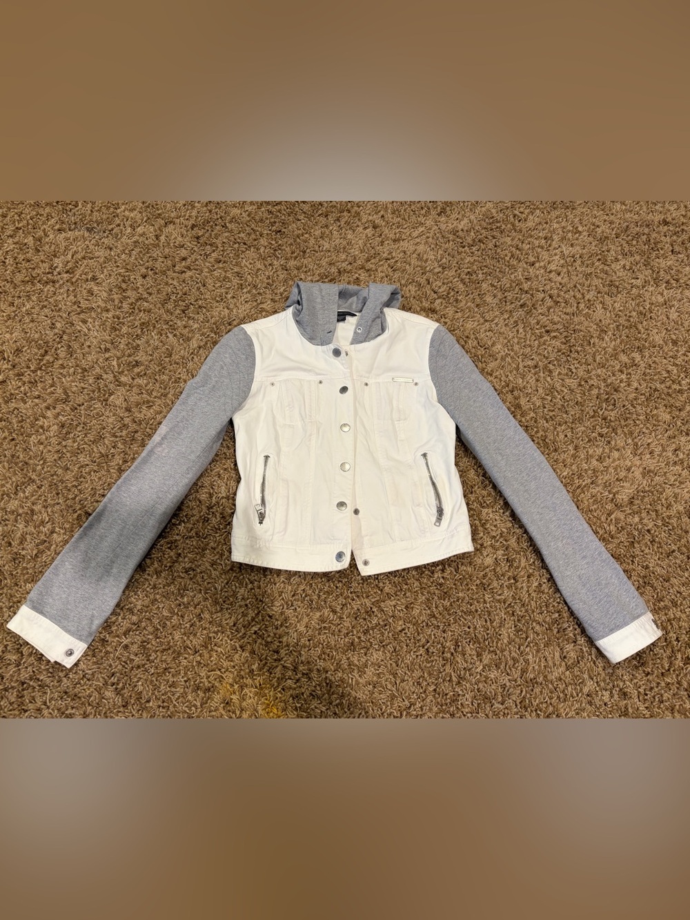 Armani Exchange White Denim Jacket with Gray Hoodie Sleeves - Size S